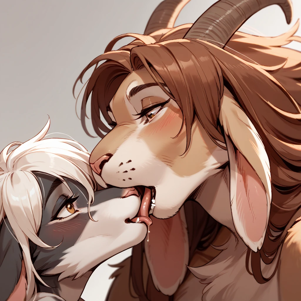 score_9, score_8_up, score_7_up, an Anthro furry sheep, female sheep, wool, wooly body, yellow eyes, sheep horns, wooly head, wooly chest and neck, mammal, standing, naked, breasts, pussy, nipples, patch of wool on her crotch,eyes half open, mouth open, visible sigh, tired expression)1.2, BREAK cunnilingus, a black werewolf licking her pussy, they are both lying on a grassy field, simple background