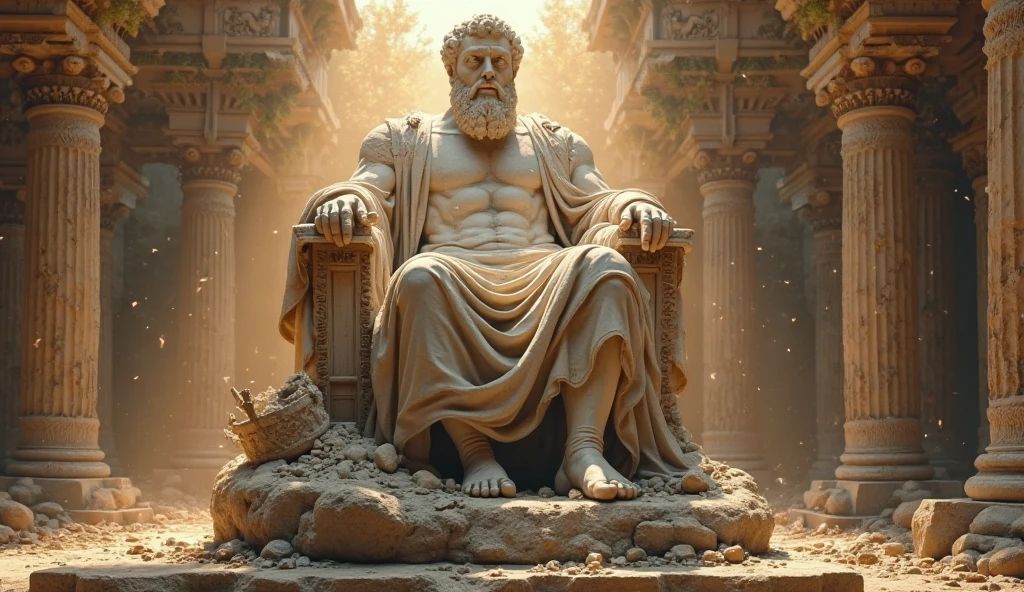 Zeus sits on a throne with a world globe in his left hand and a lightning rod in his right hand., in the style of an oil painting. Use camera focus f/2.0 to focus primarily on Zeus and the globe, with a subtle twilight sky background. 8K resolution to display deep details on thrones and sky textures."