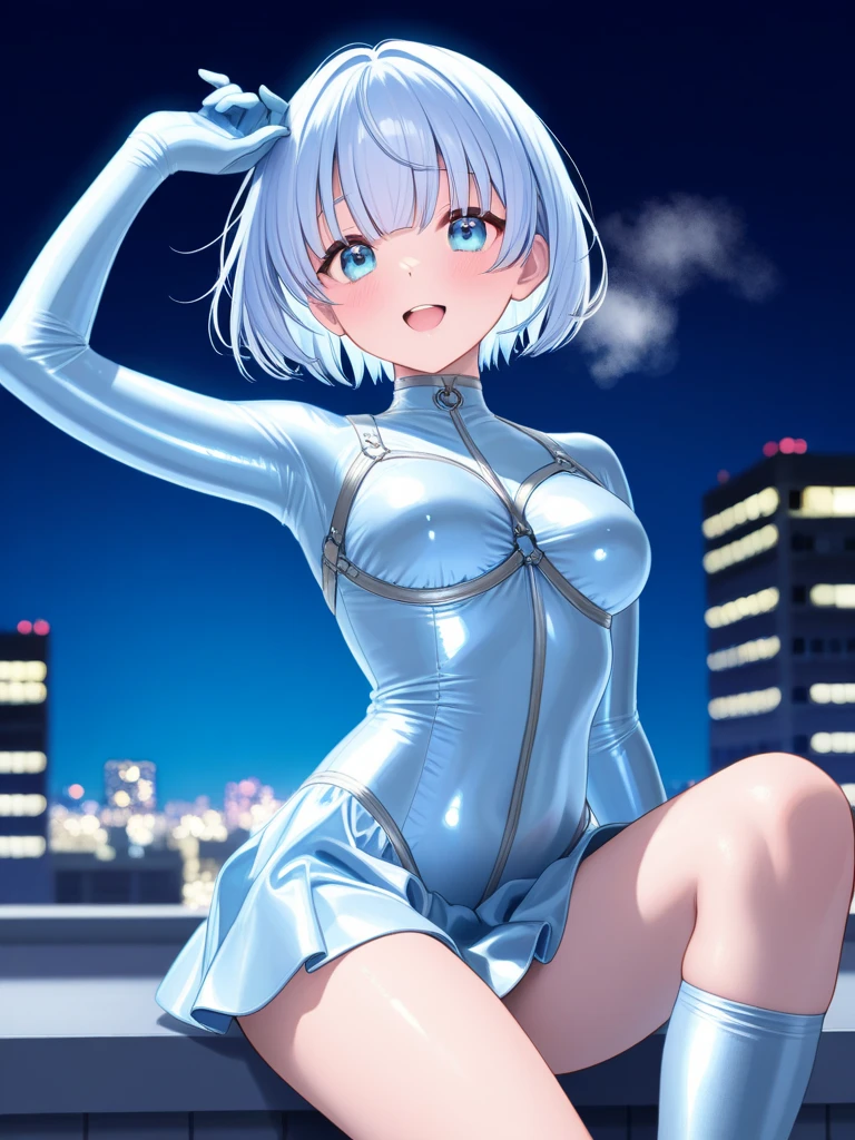 ((masutepiece, Best Quality, hight resolution, nffsw, Perfect Pixel, 4K, nffsw, nffsw))), 1girl in,((NSFW)), Beautie、((short-hair, Bangs, Light blue hair)), ((Blue eyes, Beautiful eyelashes, Realistic eyes)), ((Detailed face, Blushing:1.2)), ((Smooth texture:0.75, Realistic texture:0.65, Photorealistic:1.1, Anime CG style)), ((well-muscled、Undersized breasts,big butts、thick thighs))、 Dynamic Angle, Perfect body, Dark concrete room、((Hands behind the head、srestrained、Armpits、spreading legs))、((very embarrassing panic、:o、Sweat、))、(white leotard、)、