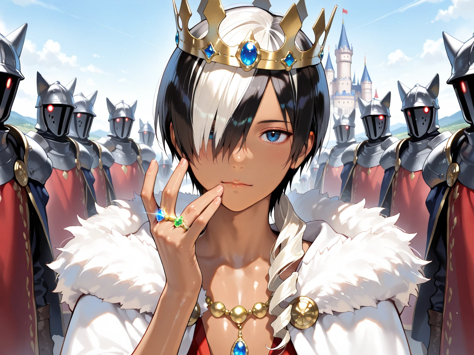 16k、portrait photography、makes an aesthetic,(masterpiece,best quality:1.4),(8k,raw photo,photo realistic:1.2),shiny skin,detailed skin,detailed face,detailed eyes、Master piece,Best Quality,ultra detailed,Photorealistic,Realistic, real、(masterpiece), (best quality), (8K), (good ), (perfect ), (nice hand), (perfect hand),Break 、((male focus))、elementary school boy, 1boy, {{official style}},KAZUMA IKEZAWA,Summer Wars、tan skin,black short hair、hair over one eye、
BREAK, blonde, long hair, drill hair, trimmed bangs,
blue eyes
jewel necklace, jewel ring, jewel crown, gold accessories, jewelry, gold ring, ,(1boy,prince) is riding a white horse in mountain path,castle,, cloak, fur, 
medieval、
surrounded by many vassals, many knights