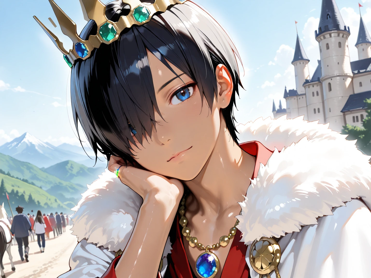 16k、portrait photography、makes an aesthetic,(masterpiece,best quality:1.4),(8k,raw photo,photo realistic:1.2),shiny skin,detailed skin,detailed face,detailed eyes、Master piece,Best Quality,ultra detailed,Photorealistic,Realistic, real、(masterpiece), (best quality), (8K), (good ), (perfect ), (nice hand), (perfect hand),Break 、((male focus))、elementary school boy, 1boy, {{official style}},KAZUMA IKEZAWA,Summer Wars、tan skin,black short hair、hair over one eye、
BREAK, blonde, long hair, drill hair, trimmed bangs,
blue eyes
jewel necklace, jewel ring, jewel crown, gold accessories, jewelry, gold ring, ,(1boy,prince) is riding a white horse in mountain path,castle,, cloak, fur, 
medieval、
surrounded by many vassals, many knights