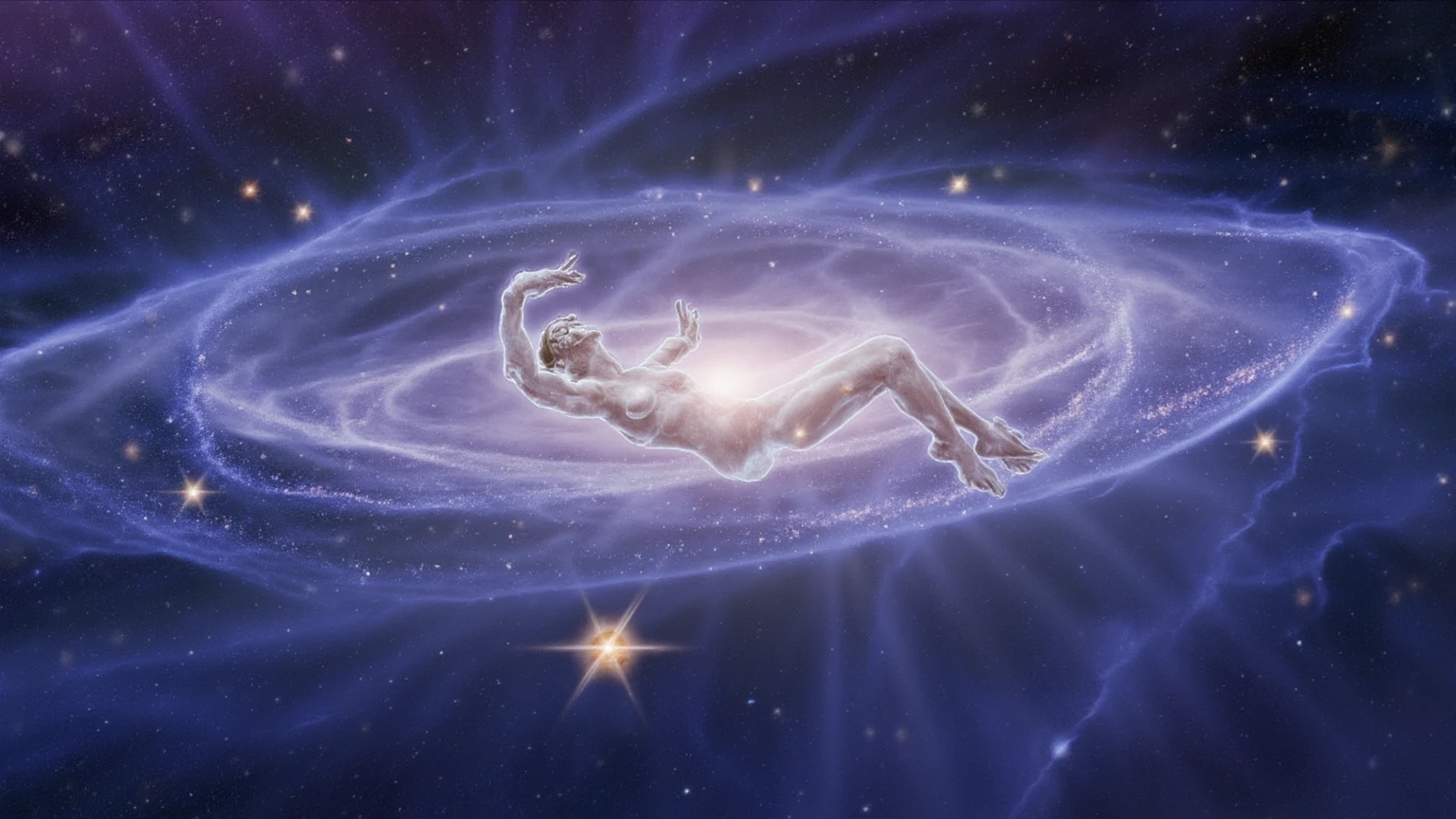 there is a man floating in the air with a galaxy in the background, quality astral projection render, astral projection, floating in the universe, floating in the cosmos nebula, space quantum death. deep space, floating in a nebula, floating in a cosmic nebula, astral travel, floatiung in front of a nebula, a cosmic entity made of stars, high quality, 4k, perfect