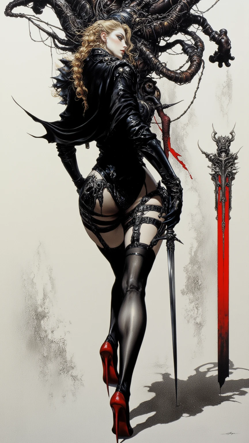 Cold Queen,box full of swords images, wing, succubus theme,fallen angel,Excellent,scary,secret horror,tentacle,have eyes,uncanny valley effect,little beast blood moon,skull skeleton,vampire,Hellfire,Demon Queen,wear gloves,bright colors,black leather gloves,red high heel boots,gradient knee socks,mask