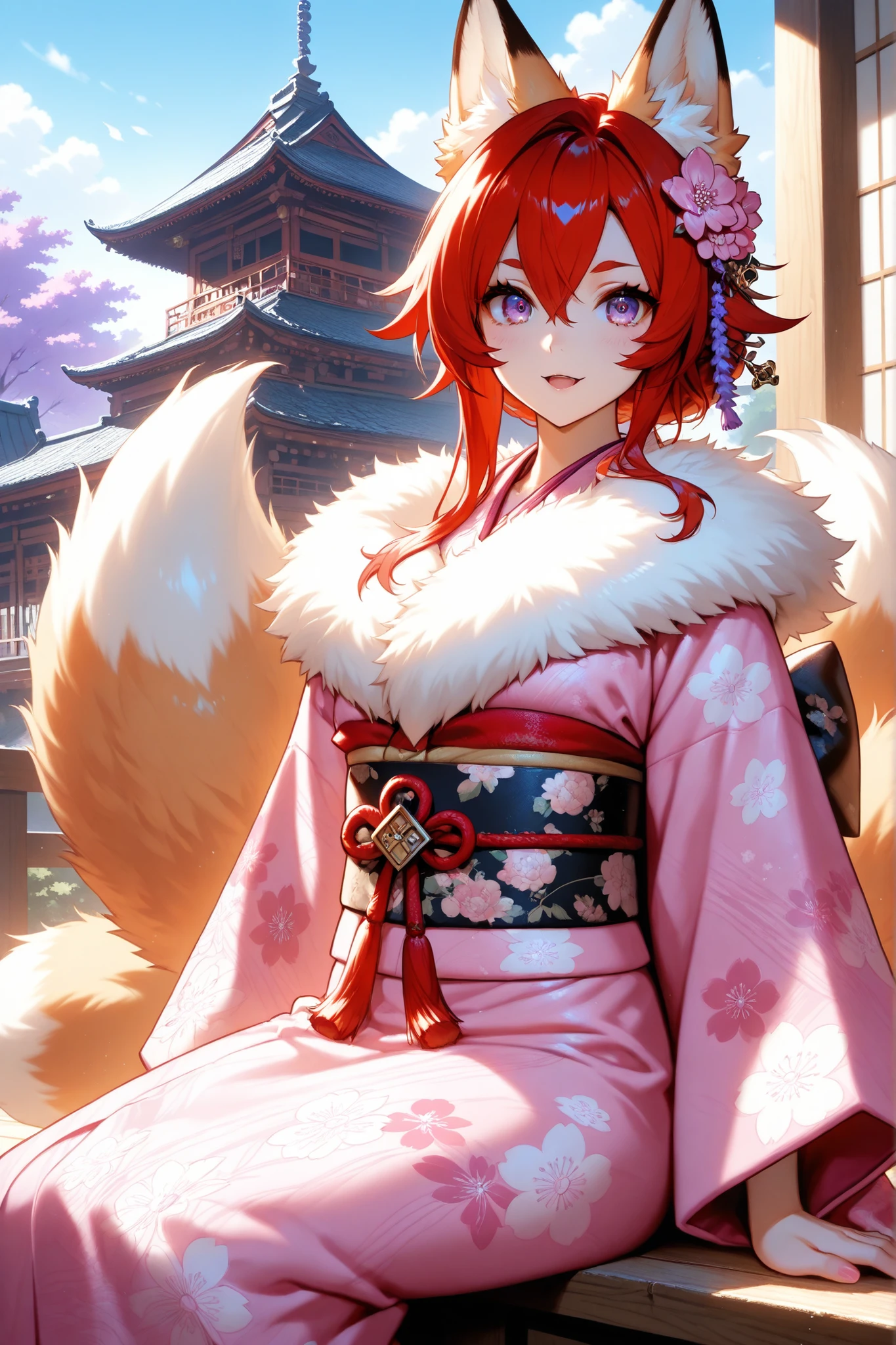 furrie, foxwoman, red hair, Japanese castle, wearing pink and lavender kimono