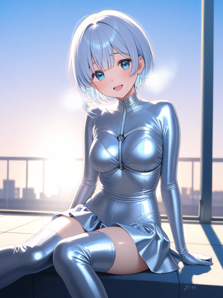 (Woman close up)、((Depiction of the upper body))、((30-year-old female))、Very large breasts、A cheerful smile、Very short hair、(Open your mouth a little、High resolution、16k))、(((shiny white bodysuit)))、Early morning park、