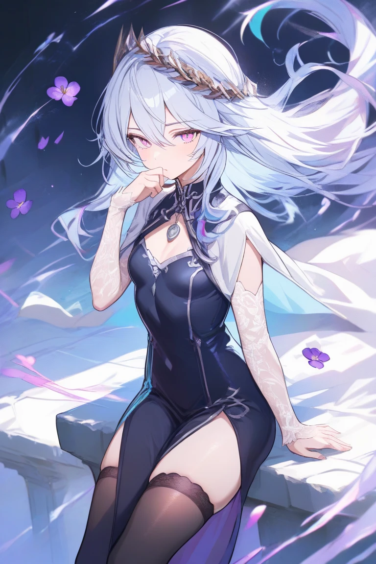 ((Best quality)), ((masterpiece)), (detailed), 1 girl, off shoulder sweater, albino, Violet eyes, night, realistic lighting, slender bare legs, detailed hands, half naked, naked