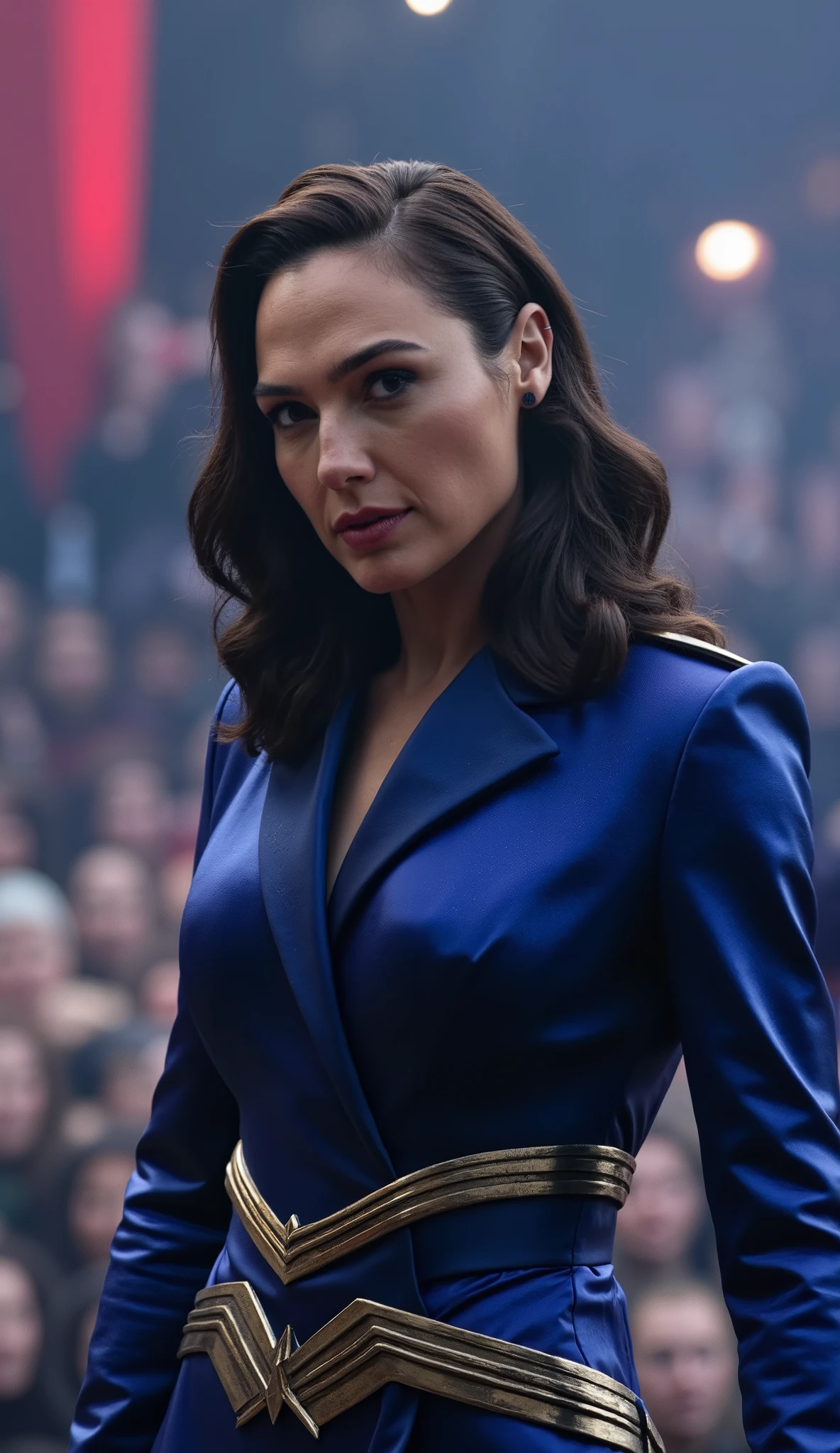 Gal gadot de smoking jacket azul, upper body: set against an epic 8K fighting arena with people applauding in a cinematic 8K neon lights