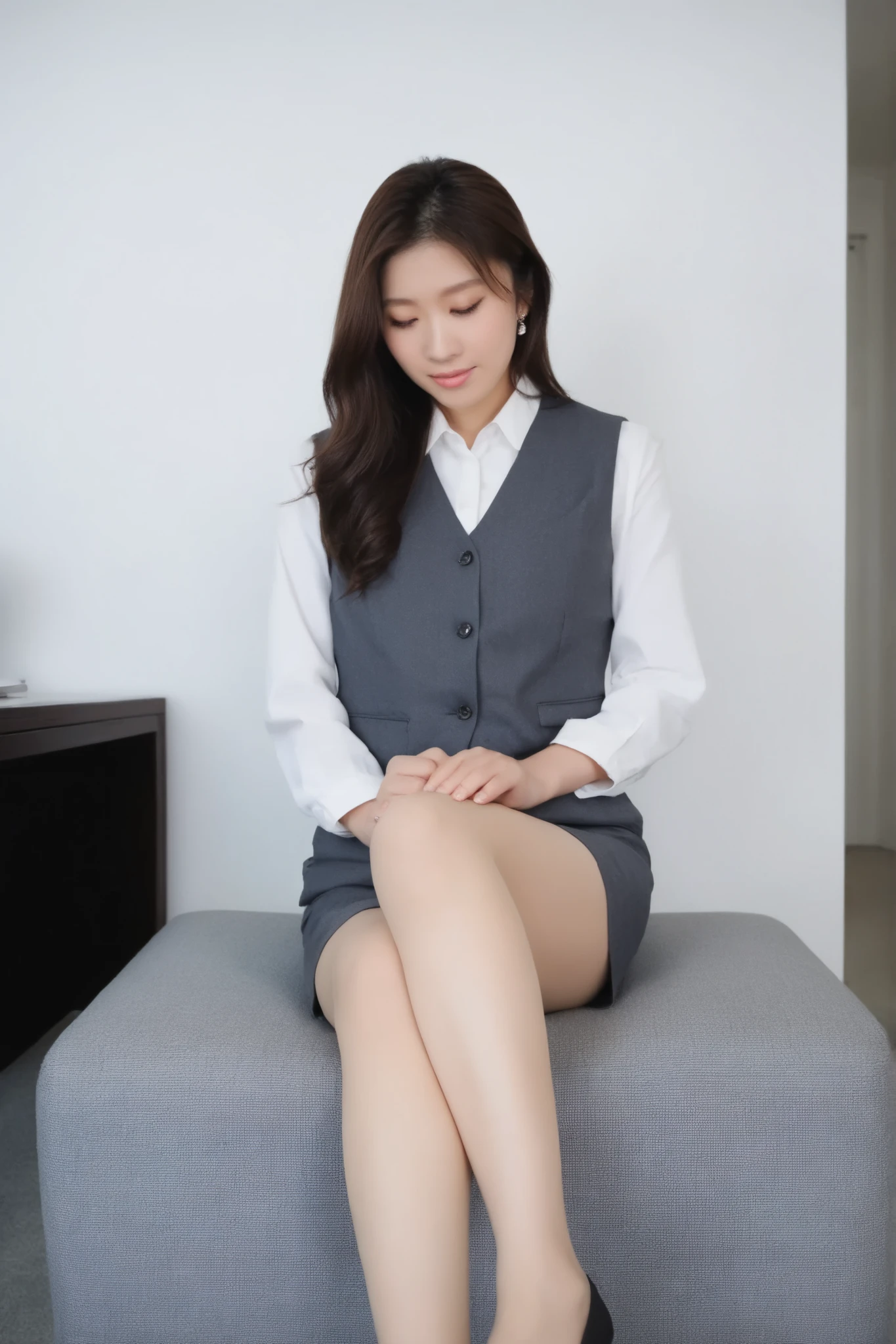 best quality、1 girl、japanoff1celady, office lady、brown hair、Longer than shoulder、gray vest、navy blue pencil skirt、sitting、Bare legs、black pumps、from below、 Ashikiri、embarrassing、puffy lips、masterpiece、Highest Quality、uncensored