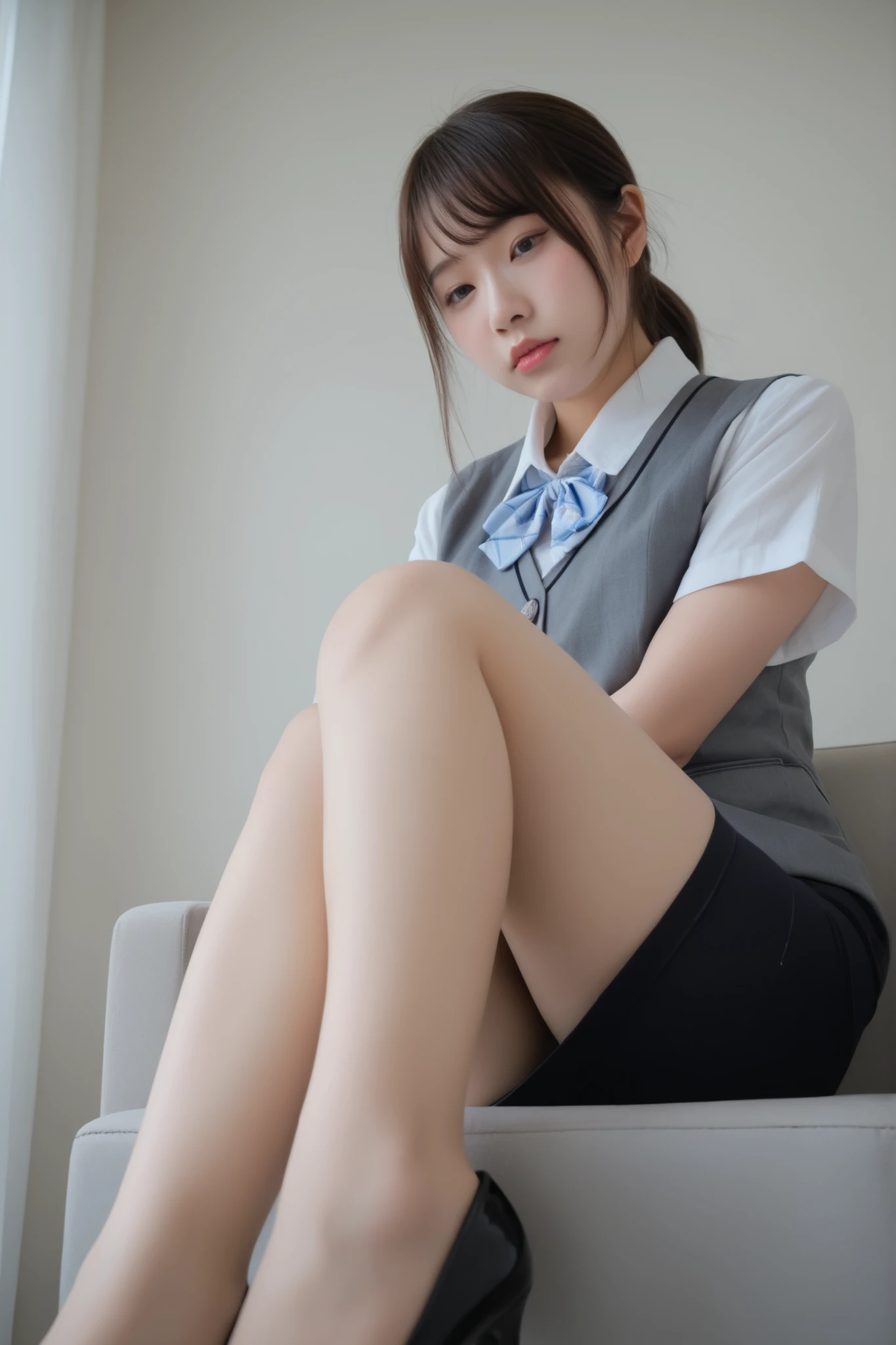 best quality、1 girl、japanoff1celady, office la, komatsu nana,brown hair、Longer than shoulder、gray vest、navy blue pencil skirt、sitting、Bare legs、black pumps、from below、 Ashikiri、embarrassing、puffy lips、masterpiece、Highest Quality、uncensored