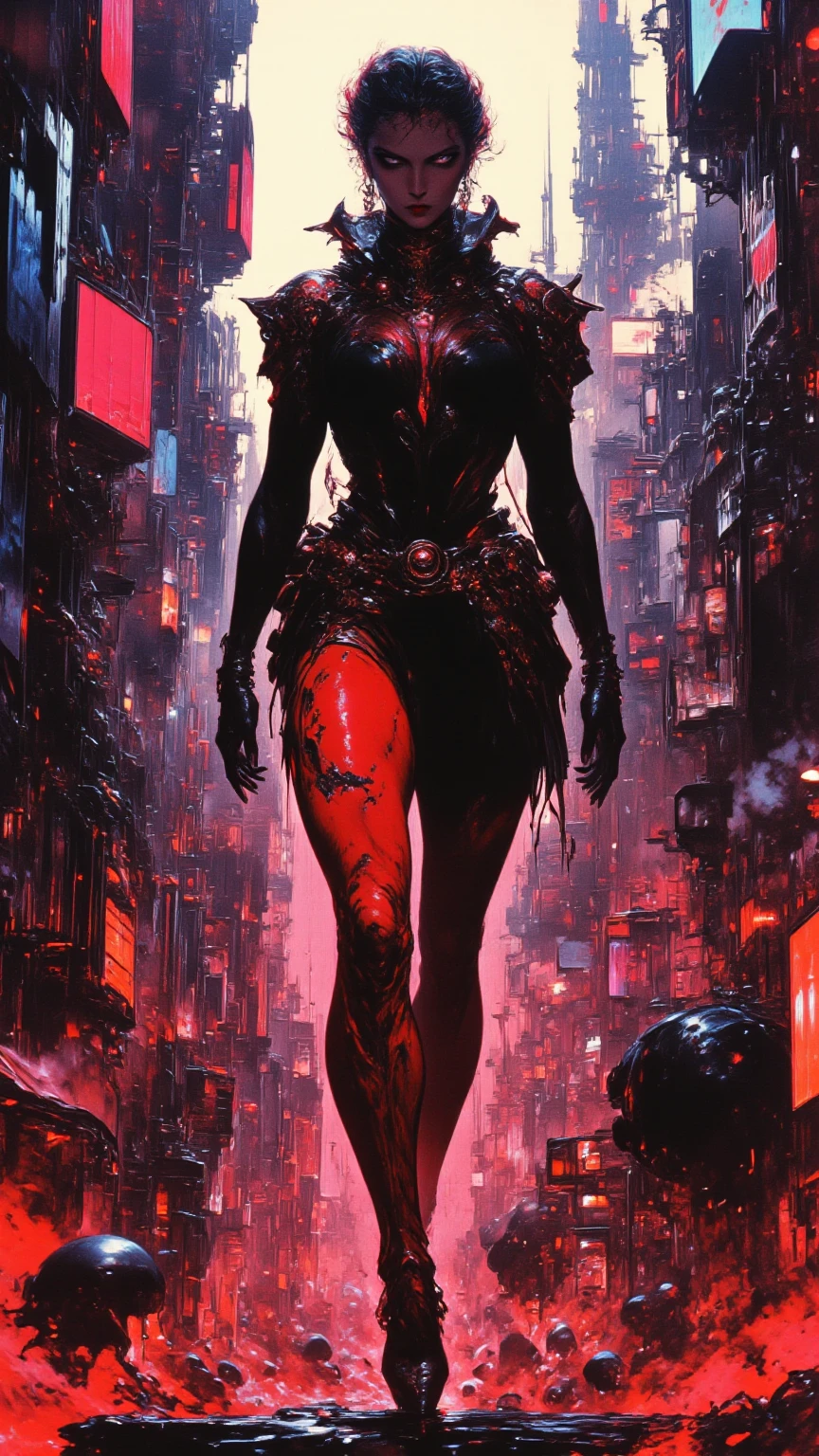 Cyberpunk, bold colors, (by Philippe Druillet and Juan Giménez), erotic illustration of a [Cyborg|Woman] standing in front of a large window, overlooking cyberpunk cityscape, side-cut dress, big ass, dim lighting, dystopian, indoors, complex background, at night, [paint drip], oil on canvas, gritty, (symbolism:0.9), intricate details, from behind, ass focus