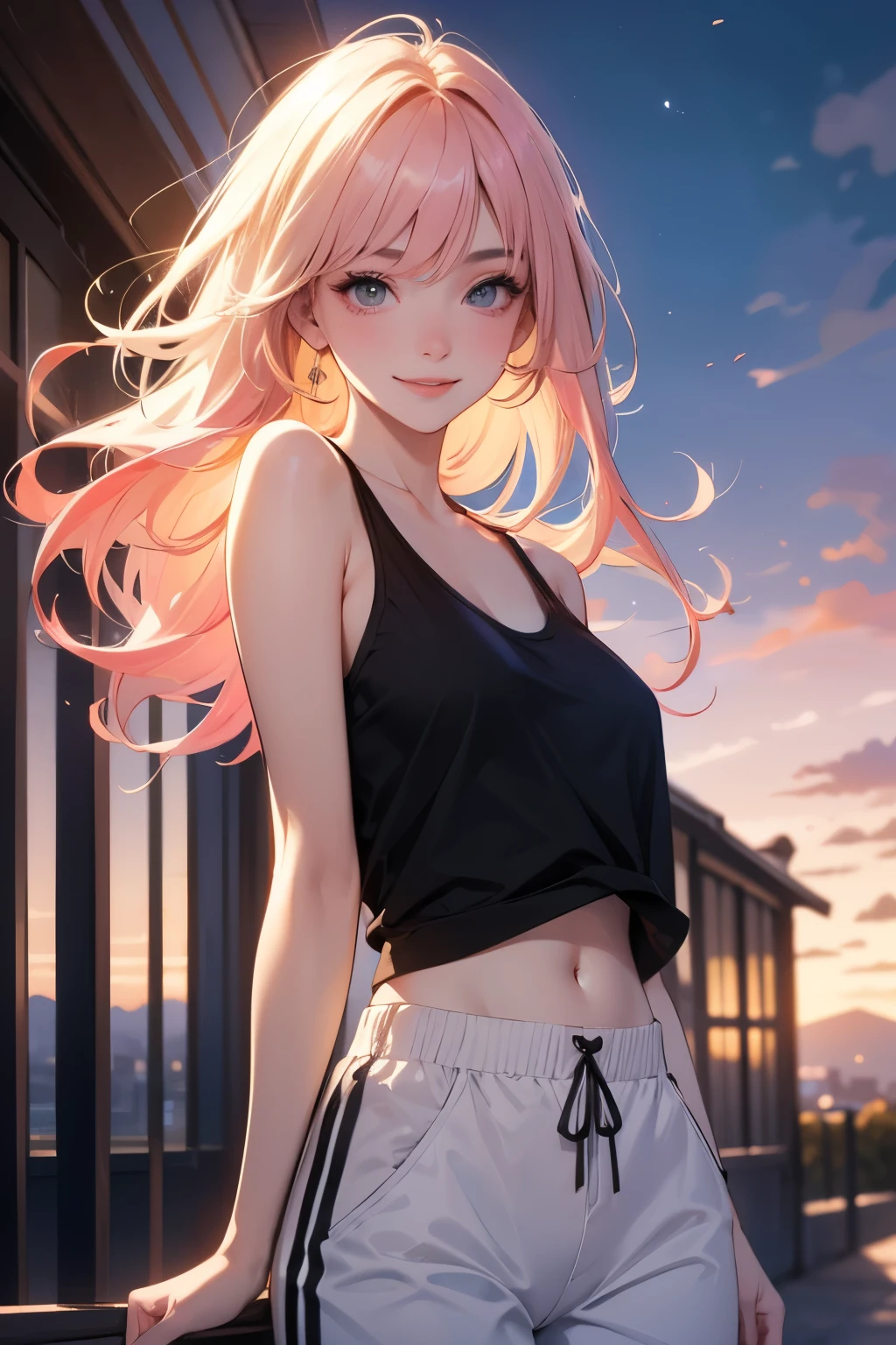 Jovem garota, 18 anos, cabelos longos, loose and multicolored, Blonde hair and pink hair, wearing a tank top and black sweatpants, smiling discreetly. melhor qualidade, hd, obra-prima, detalhado, vista de frente, somente rosto