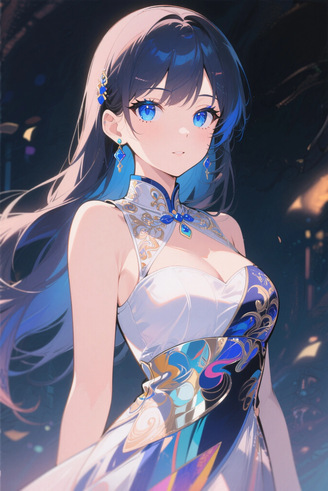 （best qualtiy，tmasterpiece：1.2），超高分辨率，realisticlying，Front lighting，Complicated details，Exquisitedetailsandtextures，（1girll），独奏，The upper part of the body，Blue Hanfu，Petal pattern，Nice big eyes，a blue dress，beauitful face，facing to audience，Streamers，gossamer，（年轻），Facial highlights，Detal Face，tear-mole，white skinned，Silvery hair，High ponytail，looking at viewert，largeeyes，（Openwork pattern），耳Nipple Ring，slimfigure，white backgrounid，correct hand，profesional lighting，photon maping，Radio City，physically-based renderingt