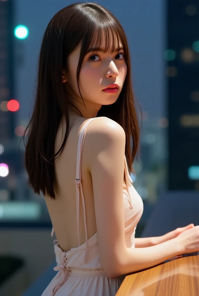 In the dark night, the beautiful woman leaned against the roof,Behind him is a real photo of Wanjia neon
