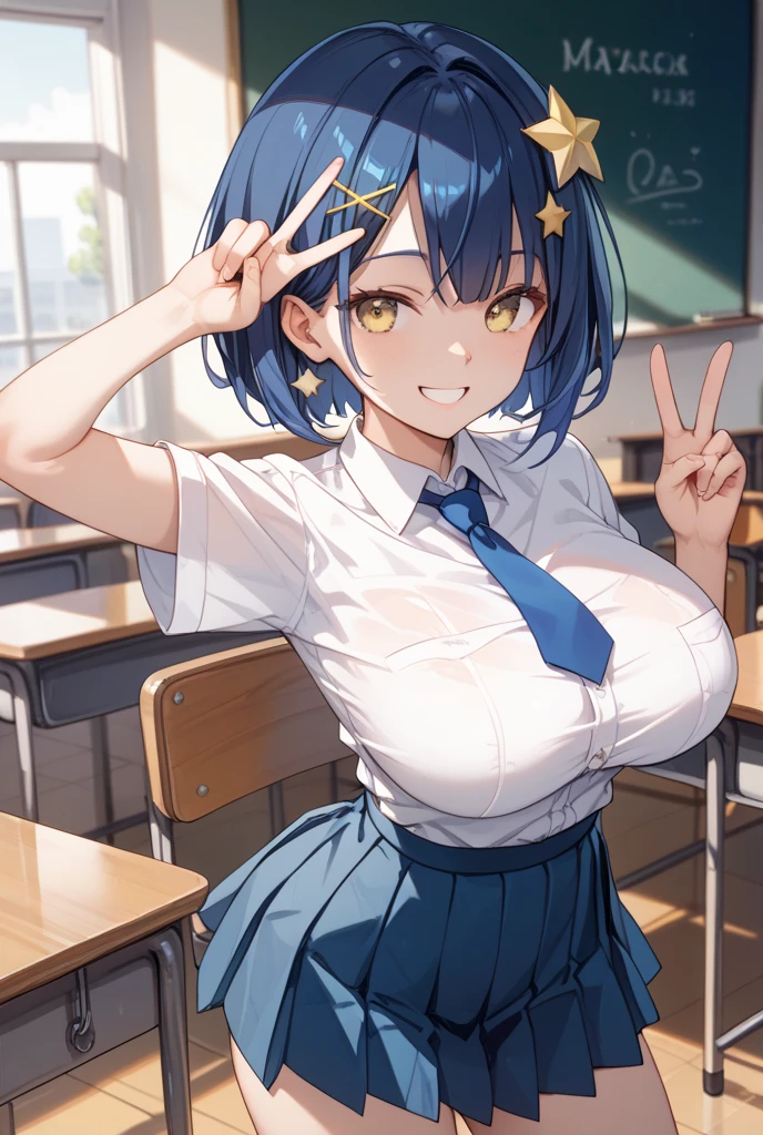 young woman with big breasts、dark blue hair、yellow eyes、short hair、White Shirt、navy blue tie and pleated skirt、 yellow star hair ornament 、 Smile、Big Breasts、No Classroom People、stand、V sign、waist up、front、masterpiece、Highest Quality