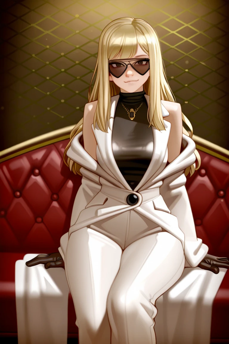 (((32k))),(((of the highest quality)) , woman with long straight blonde hair, black eyes, White skin, freckles on the cheeks, Nose piercing, slender body, pompous lips, Dressed as a bunny in a nightclub, sitting on the armchair of a nightclub, with black heels and purple lights.