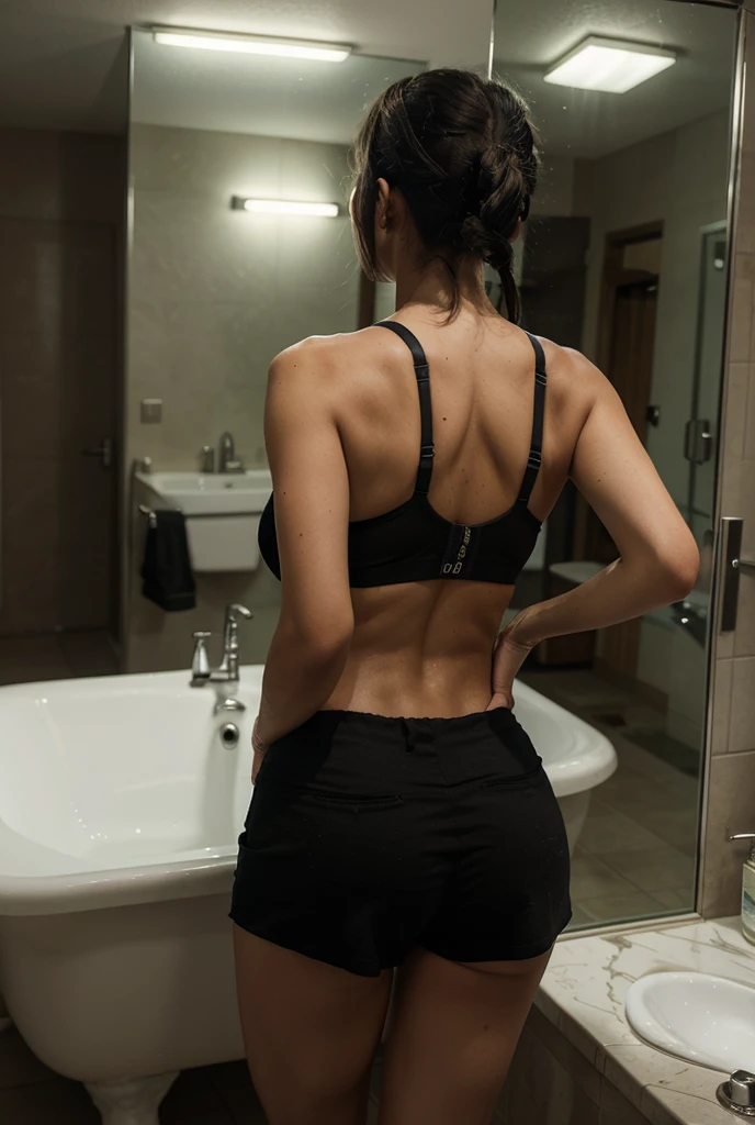 chef d'oeuvres, ultra haute qualité, ultra détaillé, ultra réaliste, ombre de haute qualité, beaux détails, beau visage, Yeux détaillés, profondeur de champ, Haute résolution, Meilleure ombre,  dark hair girl, in bathroom, buée, style vogue,  sombre, against wall, back shot, big ass, wet body