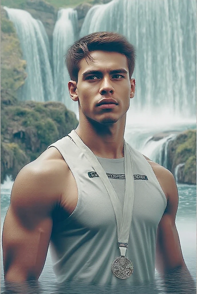 Brent Corrígan 25 years old, (fit body: 1.5), (big muscle: 1.4) bathing under a waterfall