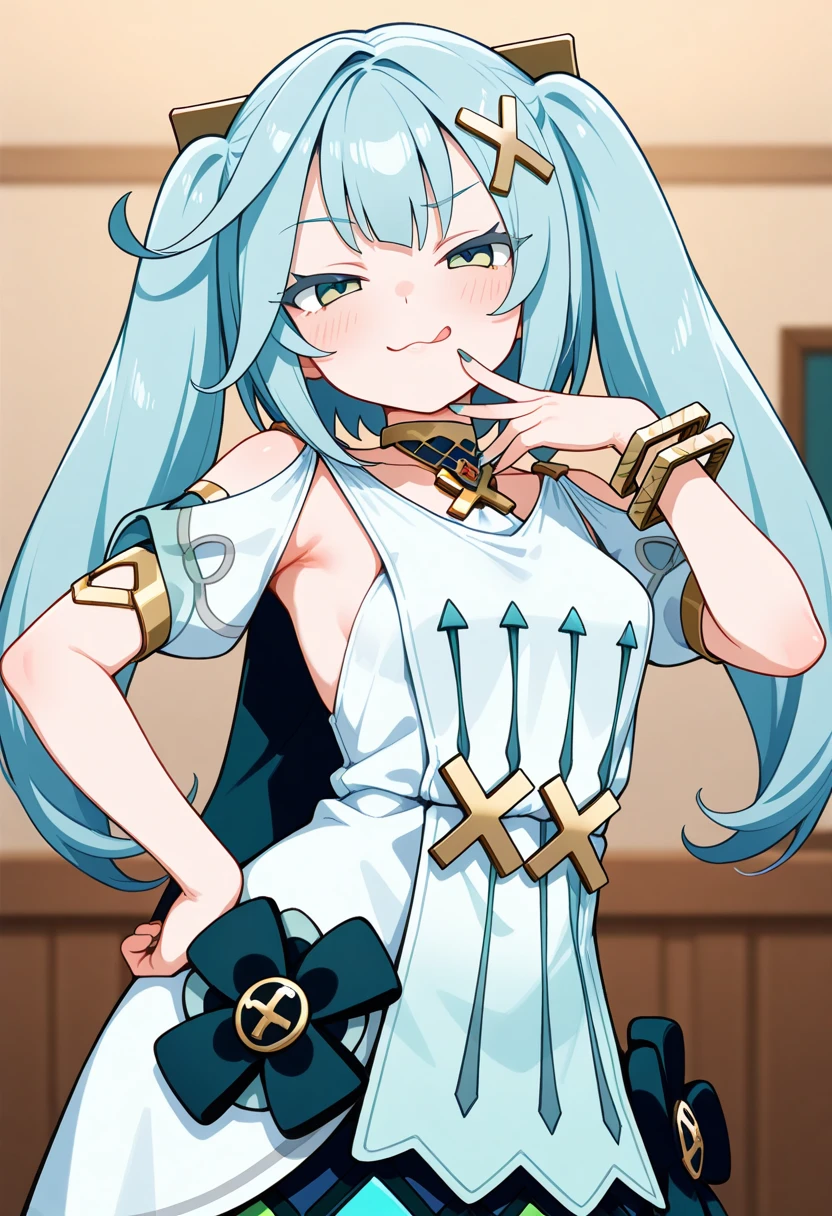 beautiful girl, 18 years old, c cup, poster art style, cheerful expression, sexy clothing,thighs, sexy pose, front view, sexy abdomen, ((toned body 0.4)), short skirt, looking blushing at the camera, gwen from league of legends, Gwen LoL, soft lighting, perfect light, soft lineart, 4k, high definition, wallpaper, poster style, underwear, softcore, blue hair