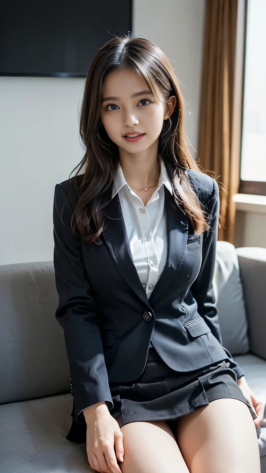 ((masterpiece:1.4))、((muste piece:1.4))、((long black hair woman:1.4))、((Sitting on the bed wearing a black office skirt:1.4))、 ((Photographed from the front:1.4))、((cowboy shot:1.4))、((Wearing a white long-sleeved collared dress shirt:1.4))、((woman wearing a black suit:1.4))、((small breast:1.4))、((Black miniskirt that highlights your thighs:1.4))、((wearing a black office blazer:1.4))、((wearing a neat office blazer:1.4)), ((smiling woman:1.4))、