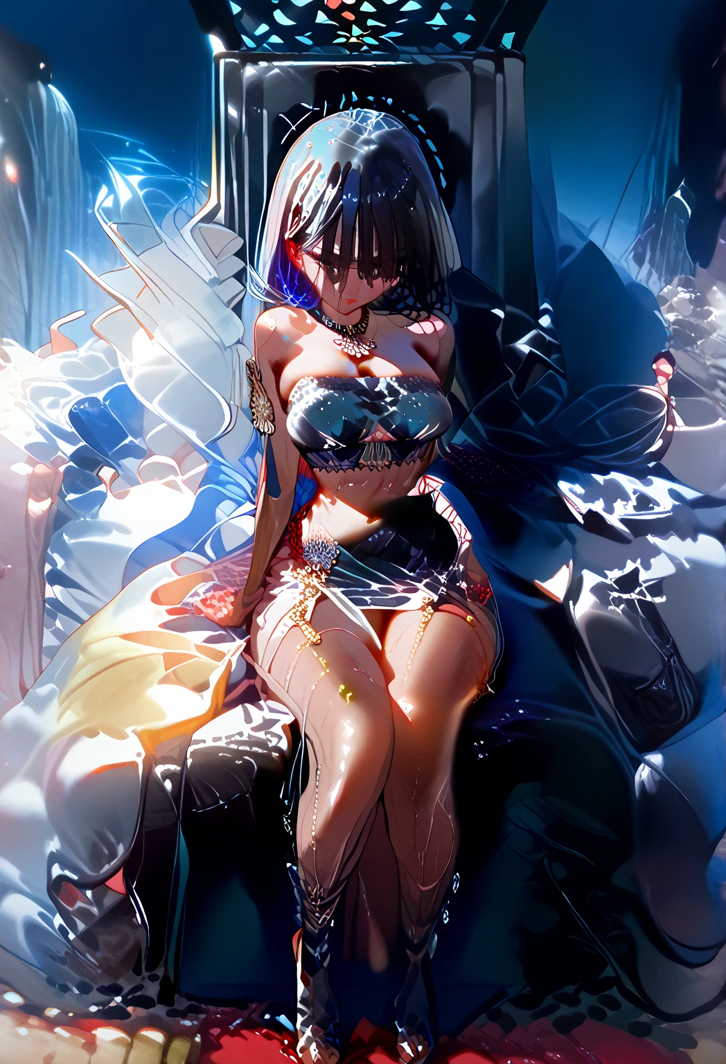 ((masterpiece, best quality)), Epic battlefield atmosphere,Delicate face,bride,seaside,Beach,whole body,Standing picture,glowing white eyes,Large Breasts,Perfect body proportions,Pure white background,firefly,Transparent sexy lingerie,High heel