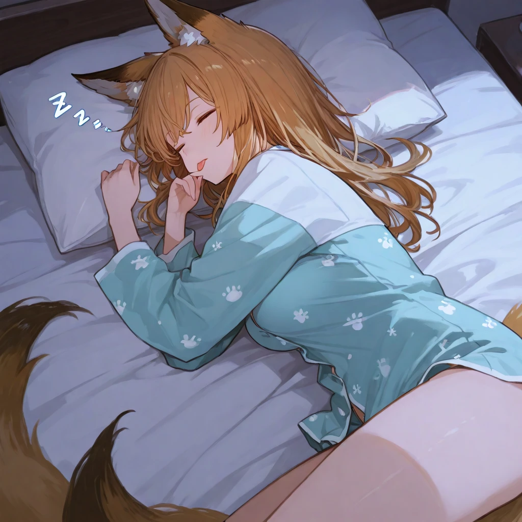 masterpiece, best quality, extremely detailed, anime, Chibi girl, dog ears, dog tail, brown hair, camisole, sleeping, happy, ((holding a large white business shirt,)) on bed,