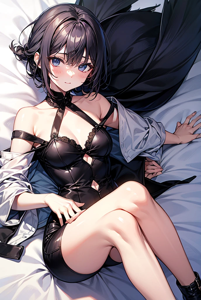 Above shoulder bob hair、Trimmed bangs、whole body、Light blue inner color、Black Hair Color、Droopy eyes、Silver eye、Double teeth、China dress、 Black shoes、whole body図、One Woman、garter belt、Character Portrait、Thighs、Push down on the bed、NSFW