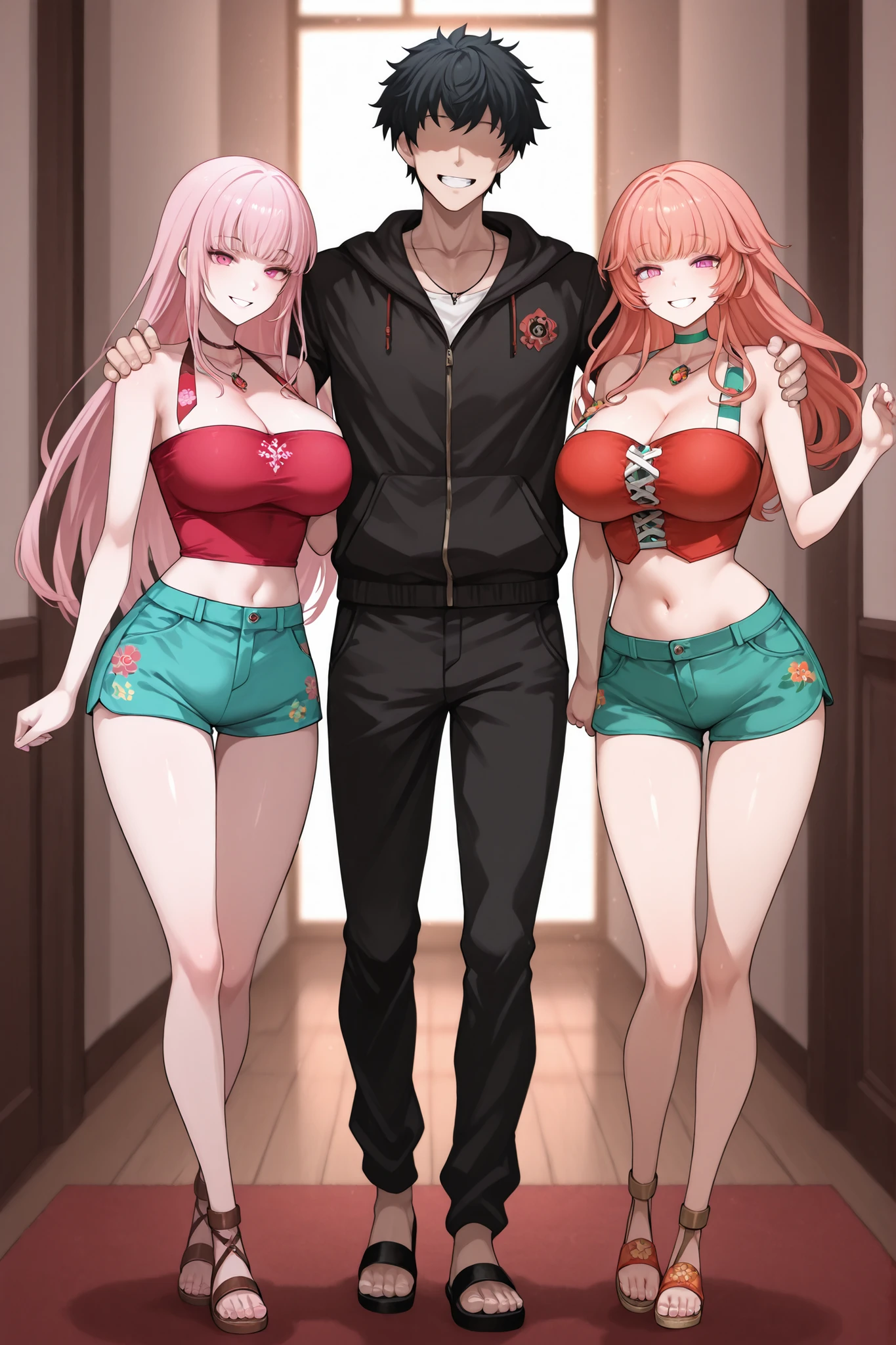 Girl Sandwich,in house,zoom, BREAK
1girl,Mori Calliope, necklace, pink eyes, pink hair, red tube top, black jacket, black pants, midriff, moriunderworld BREAK
,1boy,no eyes,black hair,Curl hair,handsome,hand on another's shoulder,handsome, smile, teeth, BREAK
1girl, Takanashi Kiara, purple eyes, long hair, shorts, breasts, orange_hair, green_choker, sandals, smile, Bavarian-inspired summer outfit,looking_at_viewer, Enchanting Eyes