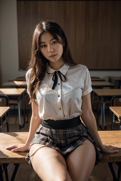 (((top-quality、8K、masterpiece:1.3))、sharp:1.2、Perfect Body Beauty:1.4、medium breasts、((((Layered Hair Style、Medium Breath:1.2))、Highly detailed facial and skin texture、A detailed eye、二重まぶた、(Classroom)、pubick hair、nudde、breastsout、hason、an legs、pubic area、Platinum hair mixed with black、High School Uniform Skirt