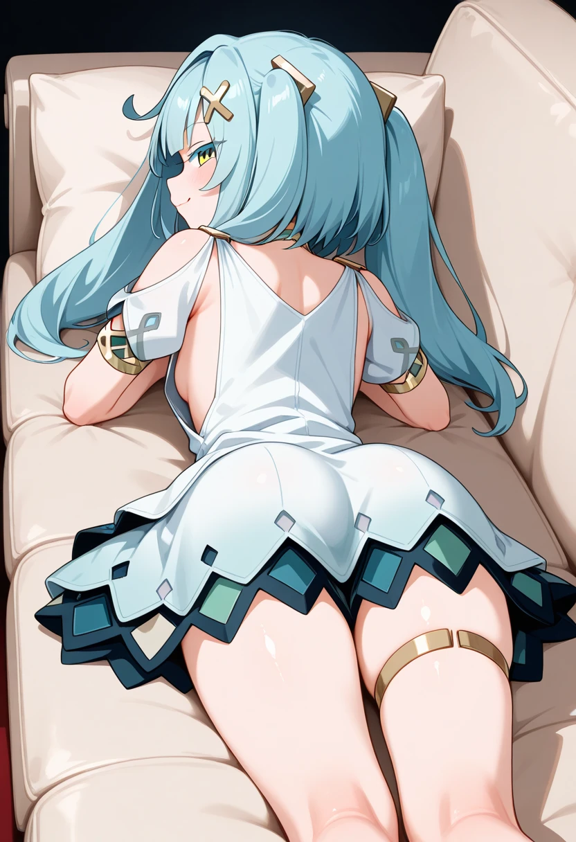 ((masterpiece, best quality)), high resolution,ultra detailed, detailed background, perfect lighting,detailed beautiful eyes,1girl,solo,perfect beautiful pussy,embarrassed,blush,look at viewer,steam,sweat,show off pussy,(close up pussy:1.2),(pussy juice:1.2),front face,(from front:1.2),show off nipple,bottomless,lying,on back,legs up,wavy mouth,open mouth,perfect finger,saliva,drivel,tear,small breast,hair ornament, green hair, twintails, long hair, dress, water