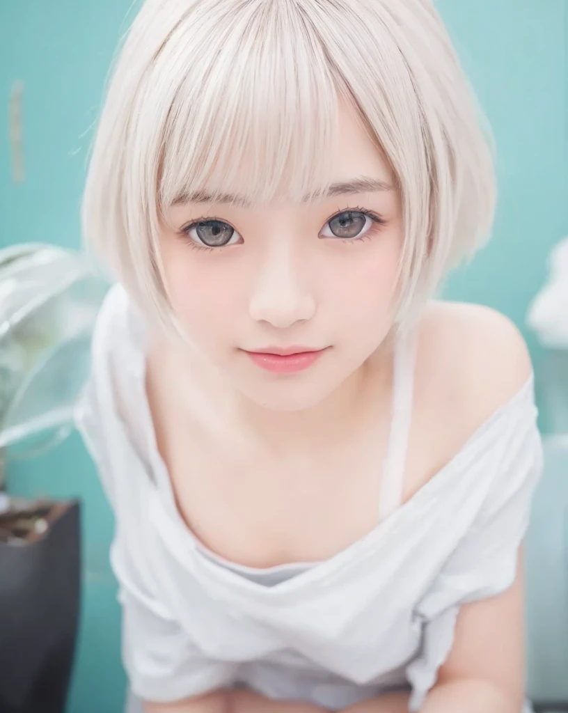 a cute ultra young japanese girl, extremely detailed face, NO makeup,beautiful eyes with long eyelashes, charming eyes,dropped eyes,small delicate nose, lovely smiling lips, (short silver hair:1.5), (porcelain white skin, wearing a lacy one-piece dress, slender figure:1.25), (best quality,4k,8k,highres,masterpiece:1.2),ultra-detailed,(realistic,photorealistic,photo-realistic:1.37),HDR,UHD,studio lighting,ultra-fine painting,sharp focus,physically-based rendering,extreme detail description,professional,vivid colors,bokeh,portraits,soft pastel colors,natural lighting,cinematic composition
