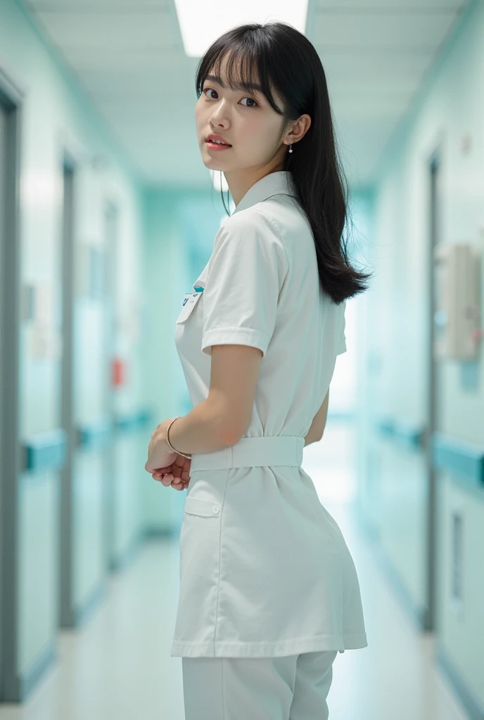 ((masterpiece,Highest quality)), 22-year-old girl, Asian Face, Ultra-realistic skin texture, Proportionate Body, Large Breasts, Hair Bun, White nurse uniform, hospital, walk, Bright bokeh background, RAW Photos, Side view photo shot, 