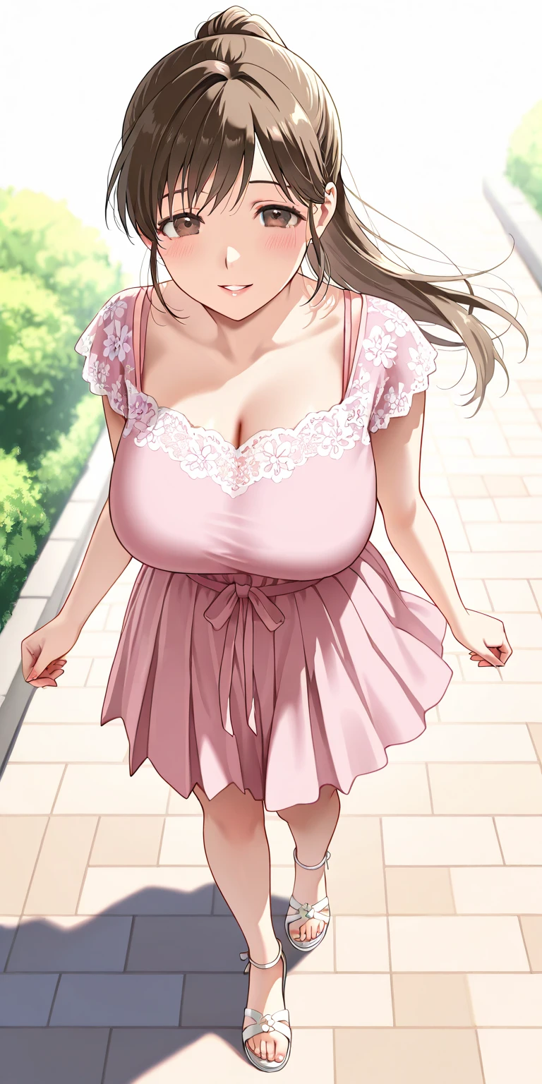 (masterpiece, best quality), outdoors, street, white long skirt, pink sweater, hearts, blush, smile, upper body, standing, fw.ayaka,lBig breasts,Lipstick,brown curly hair,cleavage