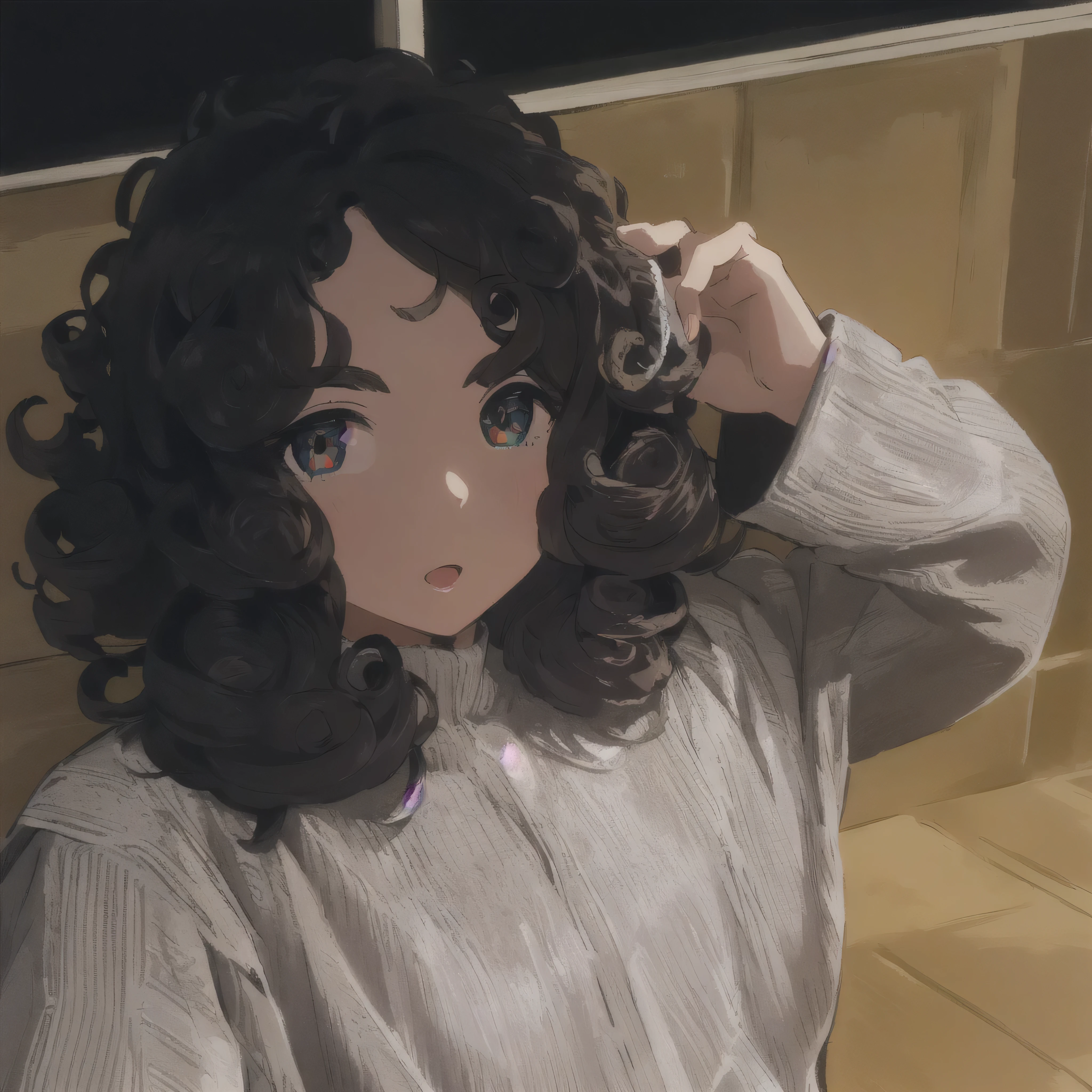 there is a woman that is brushing her hair with a brush, messy curly hair, mid shot portrait, with long hair, long messy curly hair, curly middle part haircut, no makeup wavy hair, with long curly hair, brown curly hair, with haunted eyes and curly hair, 🤤 girl portrait, wavy hair spread out, with short hair, brown messy hair, curly bangs