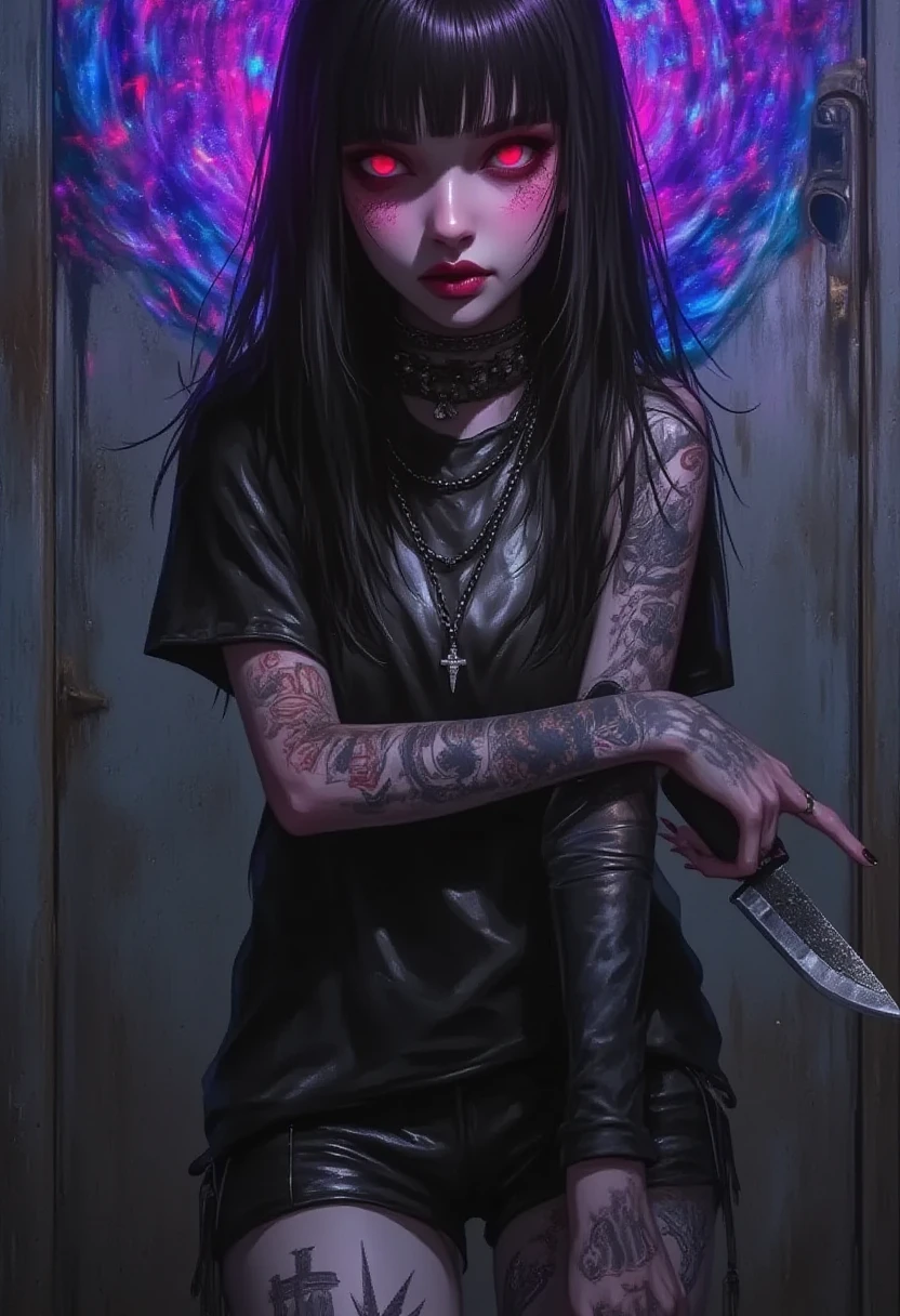 niji horror, punk girl, tattoo on full body, leather shirt, short pants, glow eyes, floating eyes, black church, horro art, hold knife, gleare at viewer, mad, psychedelic
