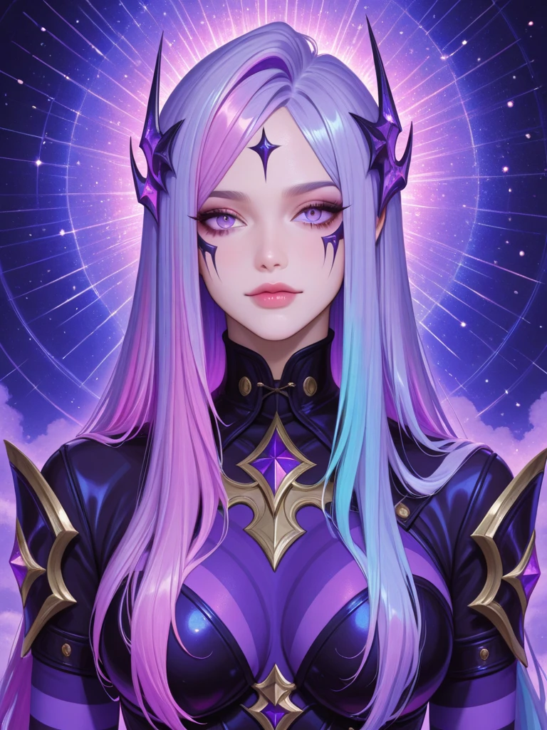 (most beautiful lady, alien planet scenery, best quality, clear and vivid picture, vibrant colors), an incredibly sexy woman, a mysterious and dangerous planet, purple sky, shining stars, sparkling gems, magical creatures, fascinating plants, glowing mushrooms, surreal landscape