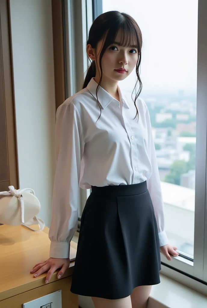 Japanese beauty、A slip is visible from under her office uniform., Not wearing a skirt, business clothes, woman wearing office dress, Work clothes, Work clothes, catalog photo, from me, Detailed image, business clothes装, Image Center, grey, white underwear、The white slip is visible、A white chemise is visible、
