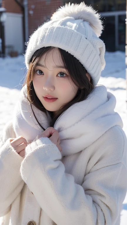 girl walking in the snow、Heavy snowfall areas、真っ白いsnowscape、Perfect cold protection、pure white military equipment、White knitwear、Shining eyes、Detailed clothing、Super Detail、top-quality、ultra-detailliert、masuter piece:1.3、hight resolution、8k、plein air、snowscape、Winter climbing、