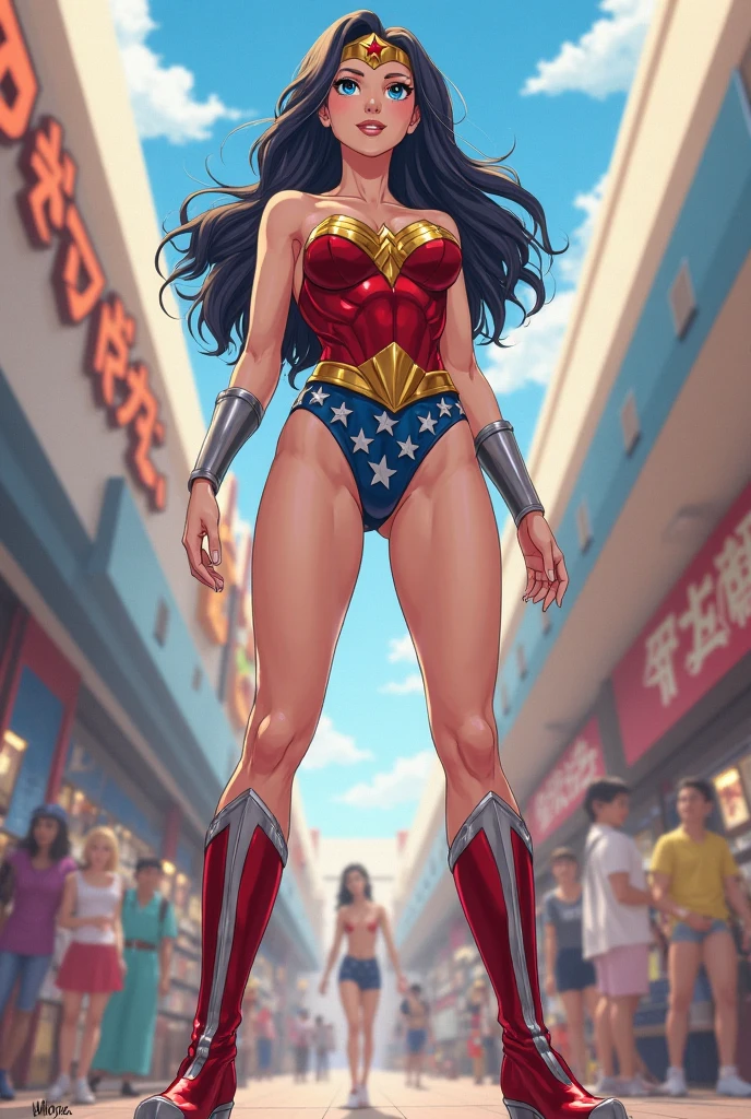Wonderwoman,(((1girl))),((cute and beautiful wavy black haired girl)),((((greek race)))), red and gold wonderwoman costume 

(Large breasts:1.4),saggy breasts,