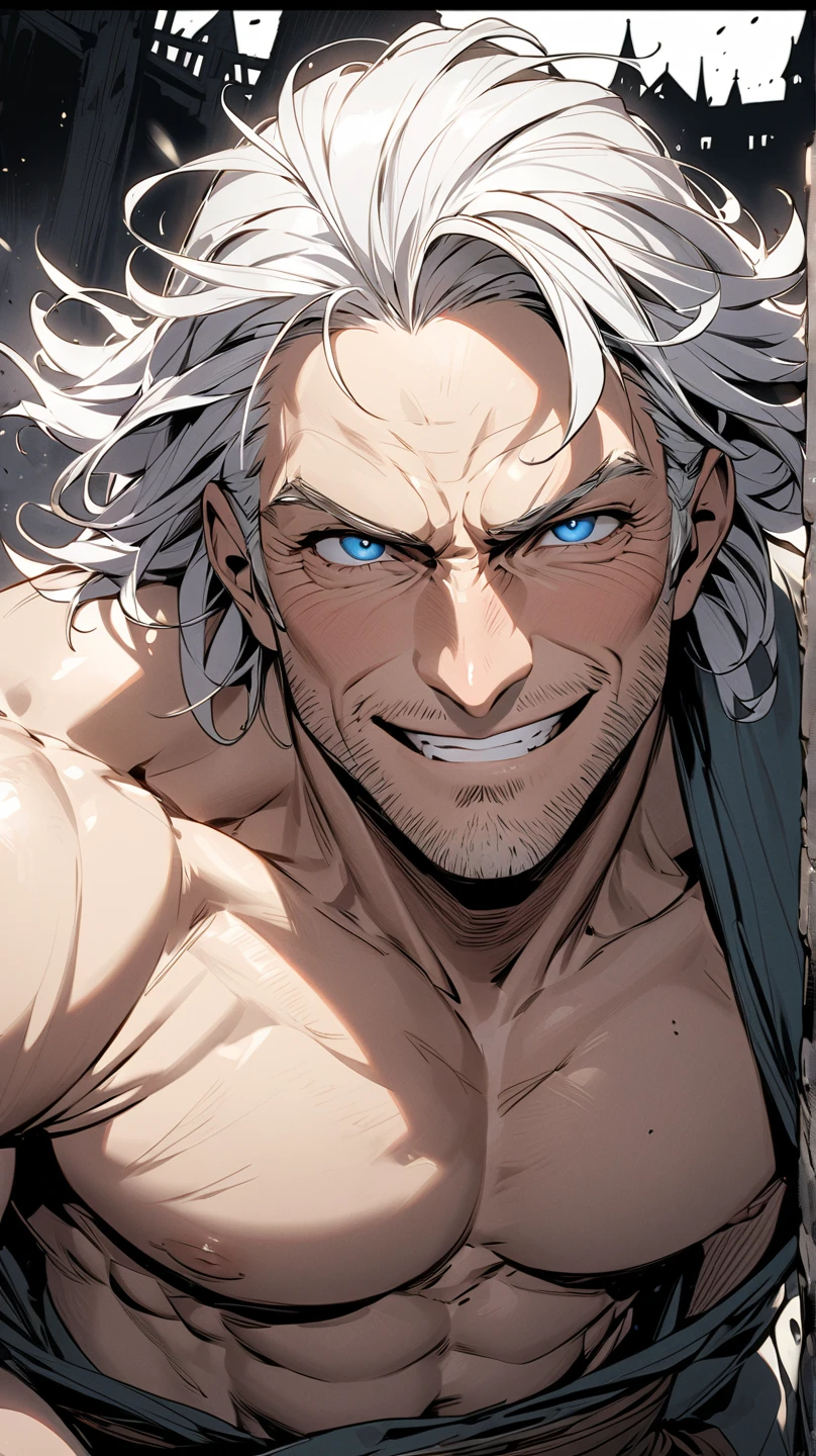 HD, (Best Detail) (Best Quality), detailed facial features, there is a man smiling at the camera, Grimjo Jaegyaks, black boots, natural light, blue sky, angry eyes, smile, looking at the audience, full body, male focus, strong muscles,