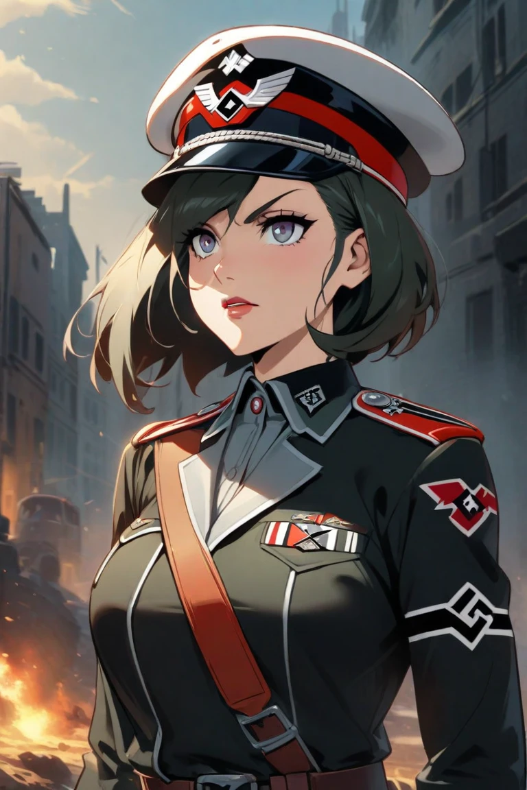 ((masterpiece, best quality)), (1girl), (solo), (female focus), female goth army officer, black leather german uniform, wearing army leather hat, strong makeup, large breasts, tall woman, black eyes, constricted pupils, empty eyes, sadistic expression, yandere, female death appearance, black hair, dynamic angle, ultra detailed, 8k resolution, depth of field, sharp focus, SFV, deep shadows, red background