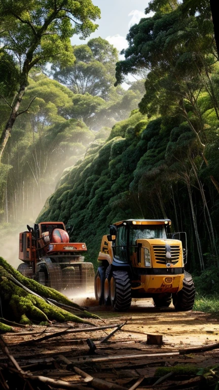 in the center of the Brazilian Amazon forest, close to the bed of a large river, a group of criminal loggers cut down the untouched forest in search of minerals and noble wood. Tractors, chainsaws and heavy machinery open a huge clearing in the heart of the Amazon jungle. Hyperrealistic details and high resolution