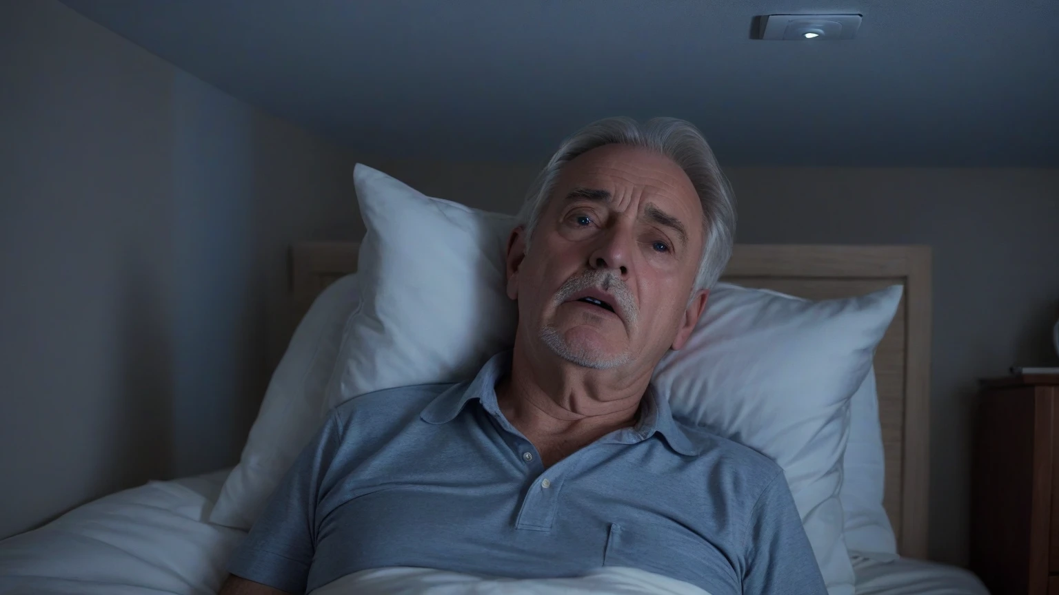 Man waking up from a nightmare scared 