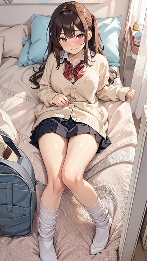 top-quality、Full body portrait、perfect anatomia、1 female、Full body from head to leg、small tits、Slim Faces、a small face、Beautiful and cute face、slim and slender legs、Small toes、Precise size and balance of upper and lower body、18year old、High school girl with mature body shape、A high school girl with long、Sleeping in a big letter、The crotch is visible with the panchira、Composition from the front、Legs spread to show crotch、Lying on a white bed facing the front、brown haired、Longhaire、Panting face about to cry、red blush、embarrassed look、A slightly sad look、Wearing white panties inside black light pantyhose、No shoes、No shoes on、Beige Blazer Uniform、White blouses、A white bra is visible from the blouse、The crotch is visible through the navy blue pleated skirt、Japanese high school girl、Bedrooms、inside the house、during daytime、(small tits)