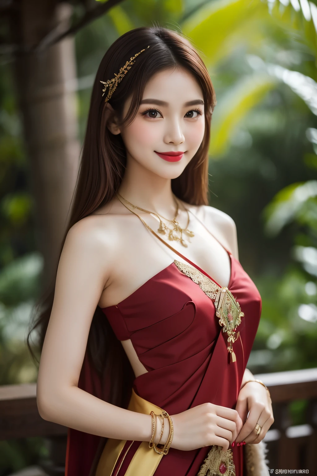 (8K分辨率,Faraway view,Photographs of legs),(Multiple women,20yr old,(The facial features of Thai Aump:1.8,Thin skeletal cheeks,s delicate face),com rosto detalhado,Lovely face,com rosto detalhado,详细的脸,Ultra-fine makeup,Black colored eyes,(Look into the camera),Long dark red hair,(Messy has layers),Redlip,Fair smooth skin,(Best Skin Type:1.21),mediuml breasts,((Thai evening dress:Siwalai,Delicate shawl straps,Luxurious ladies' tube dresses),A small number of flower hairpins,Luxurious necklaces and bracelets),Tall and tall,The action of flying kisses,perfect hand,Ultra-fine clothing material),(party,banquet,tropical trees,Flower wall,Exquisite environmental details),(exhilarated,confident smile,Rejoice,intimacy,Jealous,Flourish),(profesional lighting,动态照明),((The colors are relatively uniform,Noble sexy,vivaciousness,rays of sunshine(golden colored,red colour,in pink))),(Golden section,Cinema lenses,Dynamic shots,Hasselblad photograp,tmasterpiece:1.3),(adolable,rays of sunshine,vivaciousness,mistic,Raised sexy,Celebrity,trendsetting,Folklore,Artis,Art platform)