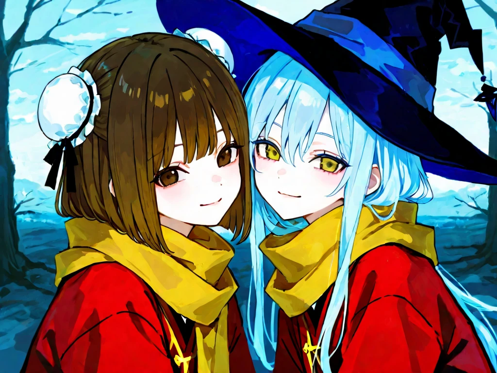nendroid、1girl in,Witch,Long hair, Blonde hair, Witch Hat,Red Eyes,Puffy sleeves,Dress, Short sleeves,Smile、Water droplets on the cheeks、pretty pose、up of face、Eye Up、Flowing iridescent silk、There are flowers even in front of you、flower petals、season!!: 夏天☀ 🍂