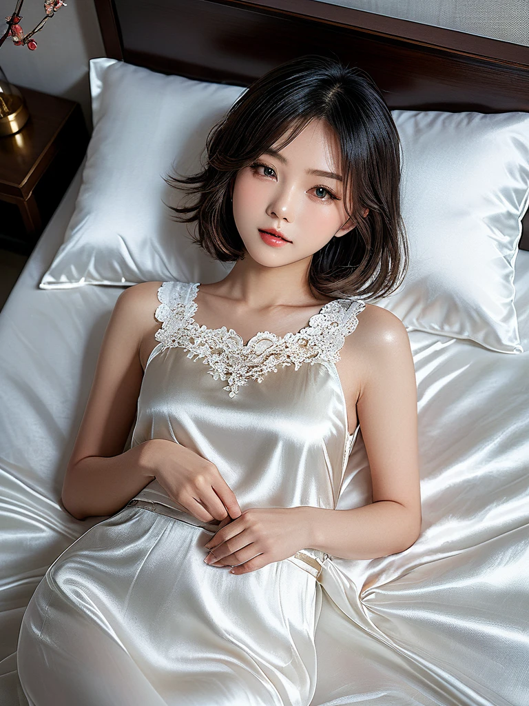 masterpiece, 1 woman per 1photo, full body shot, composition looking subject down from above, a Japanese young pretty woman, hyper pretty face, 18 years old, short hair, sleeping on a silk bed, opening mouth widely, wearing only a sleeveless silky satin white chemise with white laces, busty, wet body, glossy lips, glamorous figure, lying on her back and spreading legs on the silk bed, silk pillow, silk bed sheets, double eyelids in both eyes, natural makeup, long eyelashes, shiny smooth light brown hair, asymmetrical bangs, fair skin, central image, 8K resolution, high detail, detailed hairstyle, detailed face, spectacular cinematic lighting, octane rendering, vibrant, hyper realistic, perfect limbs, perfect anatomy
