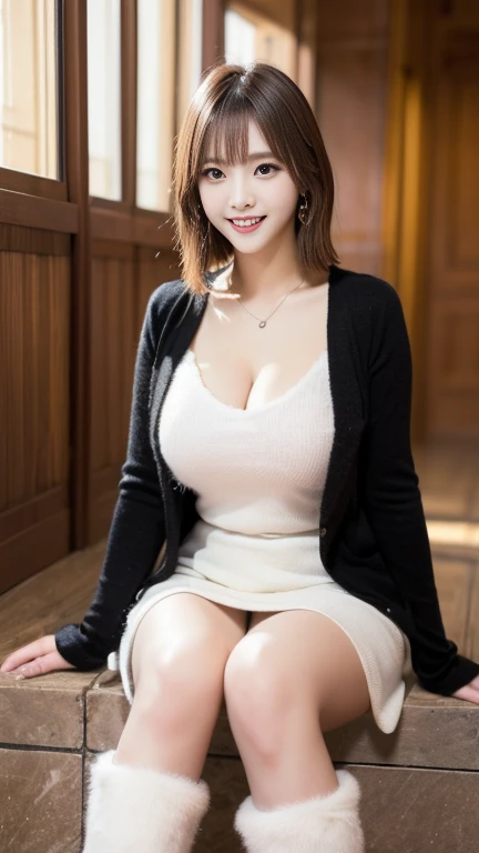 top-quality、Top image quality、masterpiece、fully body photo、25 years old women, governess、Dark brown wavy middle hair、bangss、((dark blue long sleeve knit、Beige flared skirt、Stockings))、 ((no-bra、Puffy nipple、Flip the skirt、Visible))、Sexy red panties、soft boob、Large breasts、high-heels、 cute smile face、stairs at school、Sit on the stairs with your legs open、((I can see all my panties、Rub your chest with both hands、Touching the crotch))