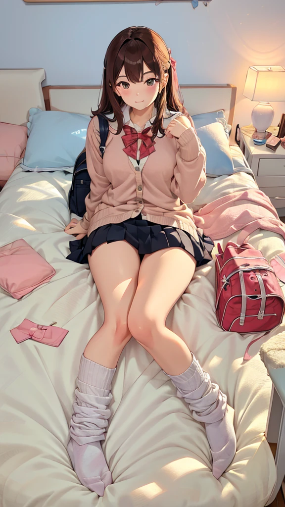 4K8K,masterpiece,best quality,high resolution,((school uniform)),1girl.21yo.short twintails. breasts,plaid miniskirt,(((loose socks;1.5))),((white panties)),hair all fours shot top-down bottom-up,,upskirt,skirt lift,spread legs,
from belowextra limbs,.bedroom