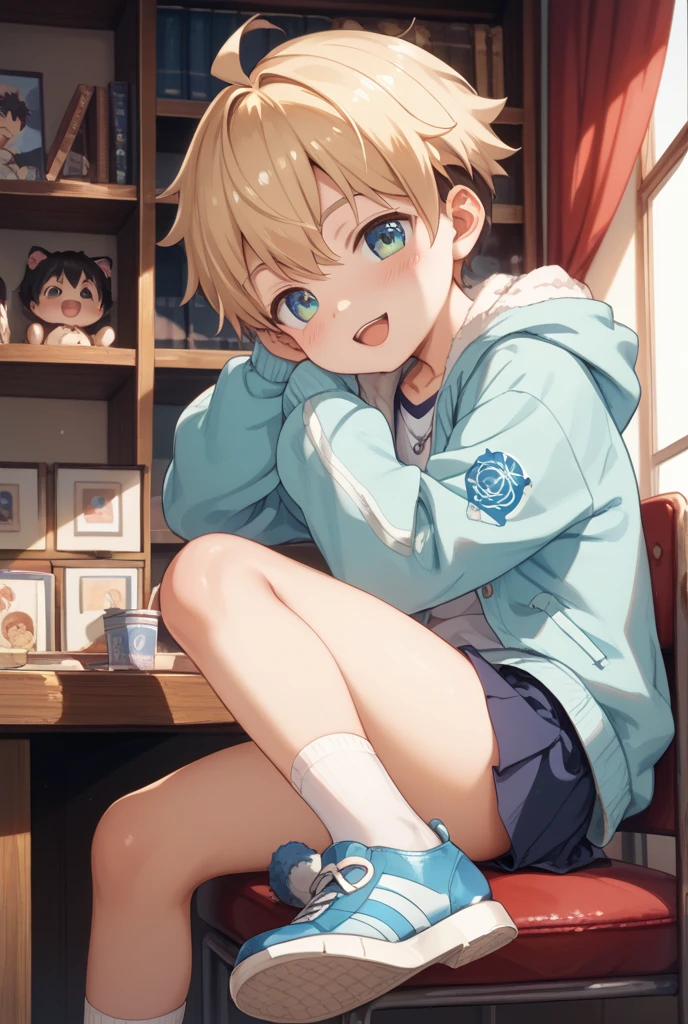 cute 6 year old boy he is wearing socks and a very cute He has blond hair and blue eyes He's wearing socks and a super cute glove He's doing it with his fingers He's sitting cross-legged