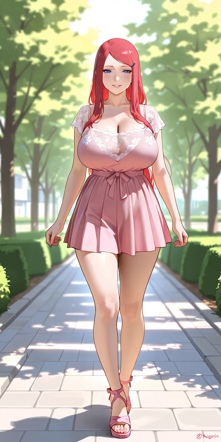 ((Red hair)), green eyes, long hair up to half with buns, huge bust, ((full lips)), ((masterpiece)), ((detailed)), ((Topless)), pink puffy nipples, ((miniskirt)), ((Best Quality)), ((garden)), huge breasts, ((bright)), (pretty eyes), looking away, huge tits, standing pose, full body view,